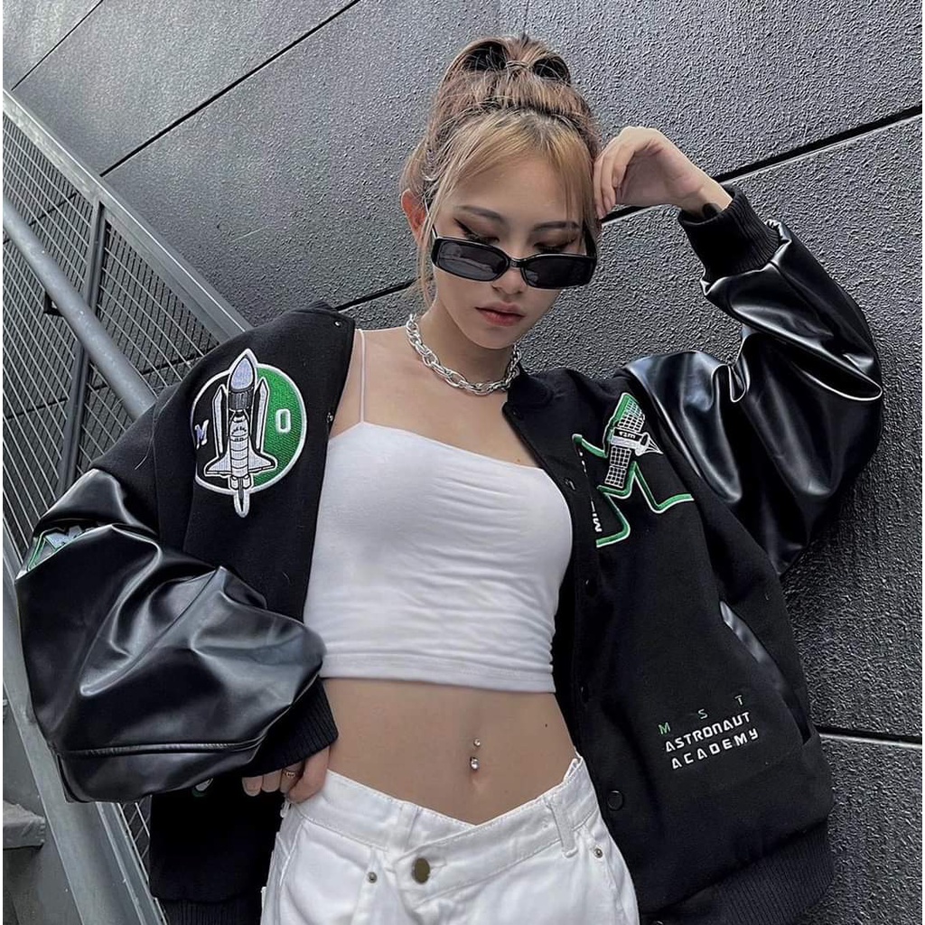 Áo khoác bomber cúc bấm tay da chữ M phom rộng unisex thời trang hàn quốc 1st_clothes | BigBuy360 - bigbuy360.vn