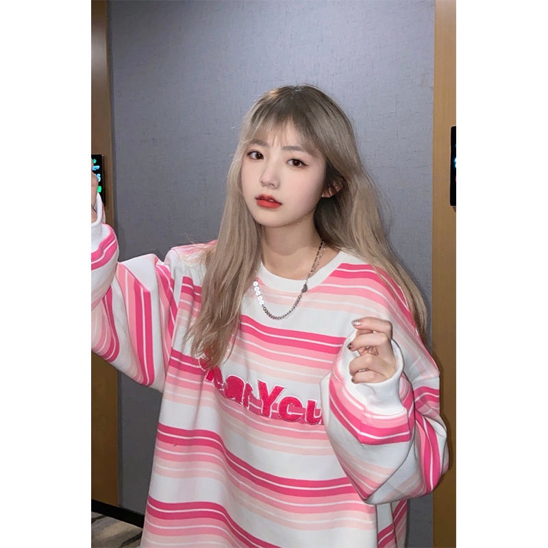 Áo sweater tay dài dáng rộng in chữ phong cách Nhật Bản thời trang mùa thu mới dễ phối đồ cho nữ 2021