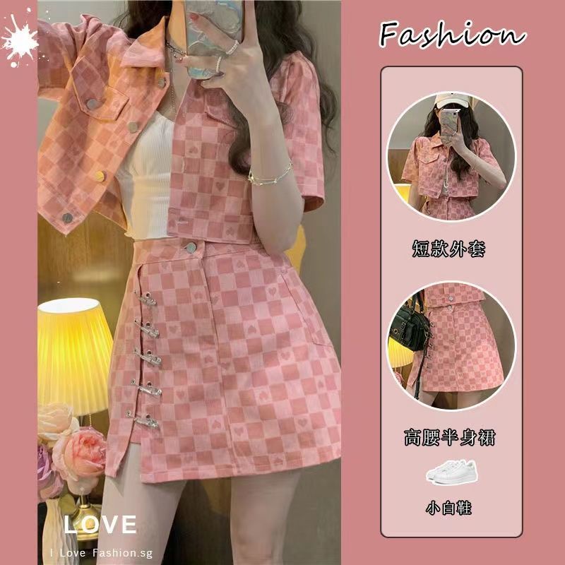 Set Áo Tay Ngắn + Chân Váy Họa Tiết Sọc Ca Rô Thời Trang Mùa Hè Xinh Xắn Cho Nữ