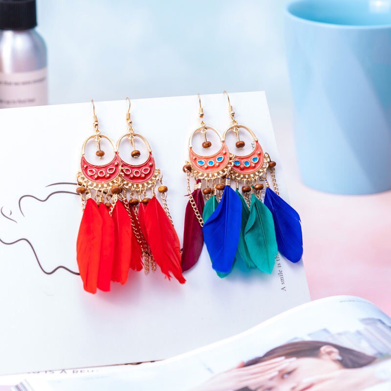 Khuyên tai lông vũ dài hoa tai boho nữ thời trang phong cách cổ điển dân tộc - Mã HT054