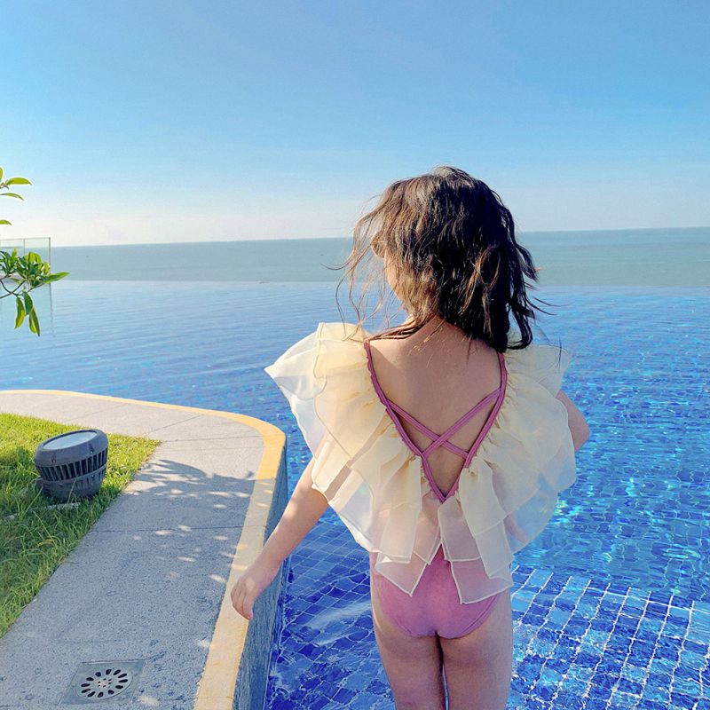 Bộ Đồ Bơi Một Mảnh Hai Dây Viền Lưới Phong Cách Phương Tây Kèm Nón Cho Bé Gái