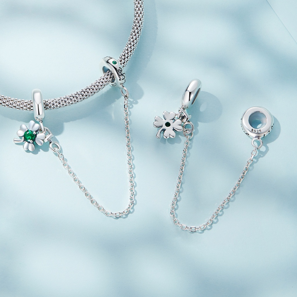 BAMOER Mặt Vòng cổ Bạc 925 Silicone Hình Cỏ Bốn Lá Thời Trang DIY