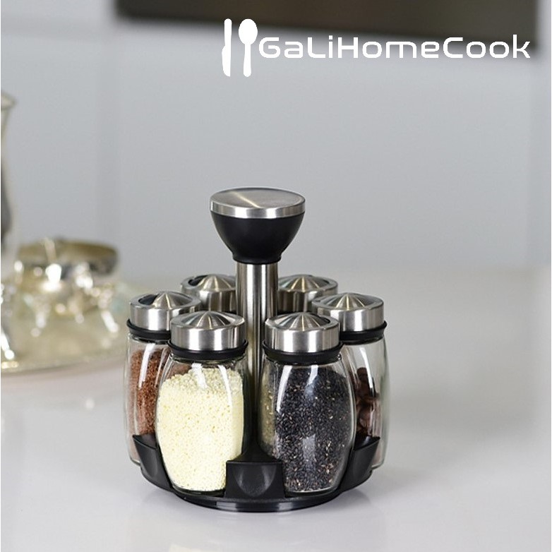 Bộ 6 lọ đựng gia vị thủy tinh kèm giá để xoay 360 độ GaliHomecook [FREESHIP-GIÁ CỰC SỐC]