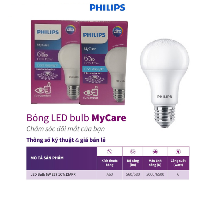 Bóng đèn PHILIPS LED BULB Mycare A60 -Công suất (4W,6W,8W,10W,12W)