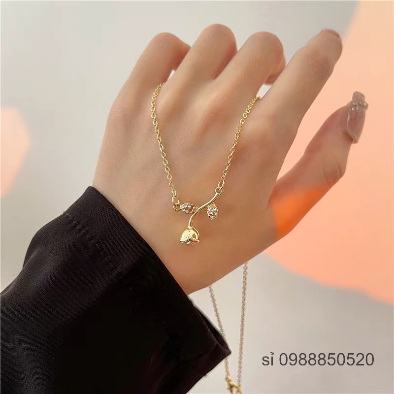 Dây Chuyền Hoa Hồng Đính Đá Mạ Bạc 925 Không Gỉ Bền Màu, Vòng Cổ Nữ Mẫu Hot