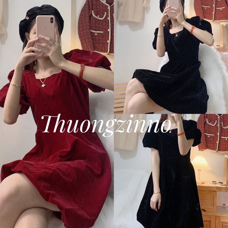 [Ảnh thật/Video] VÁY NHUNG BỒNG CỔ VUÔNG DỰ TIỆC SANG CHẢNH
