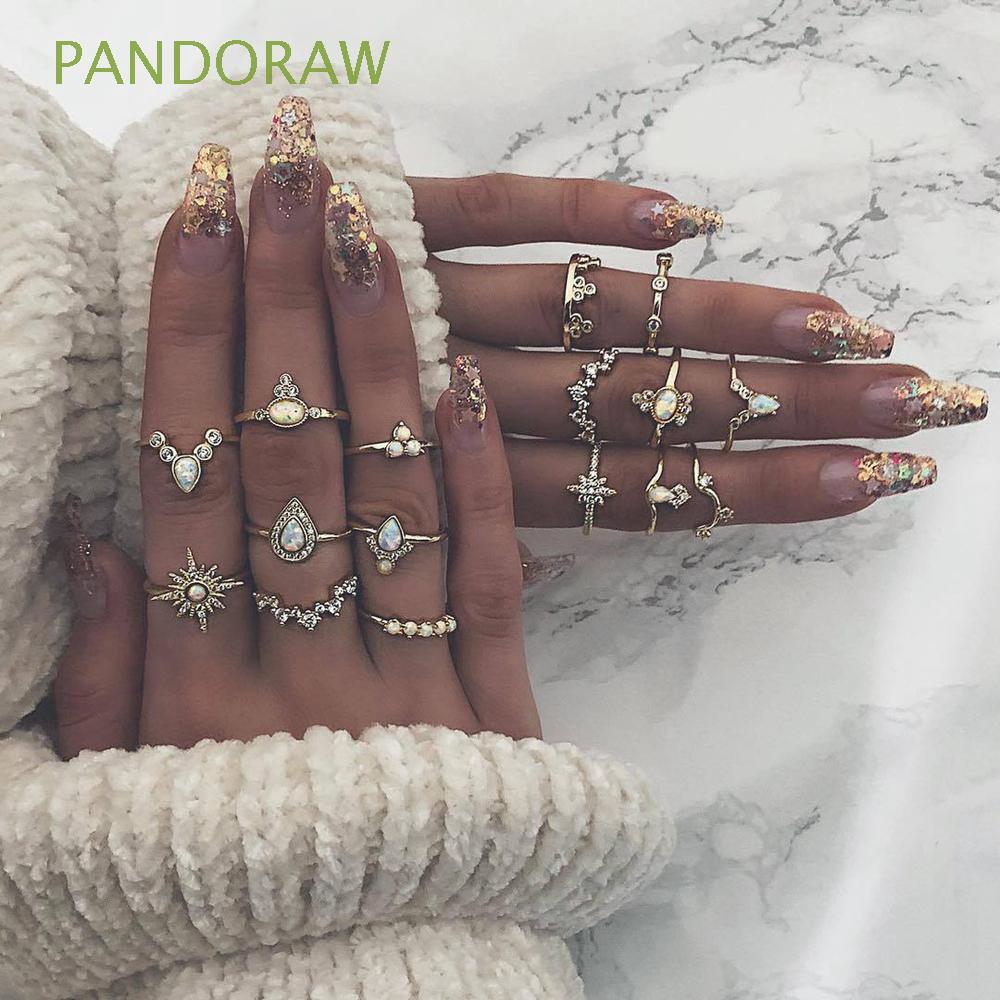 Set 16 nhẫn đính đá opal phong cách Bohemian cổ điển dành cho nữ