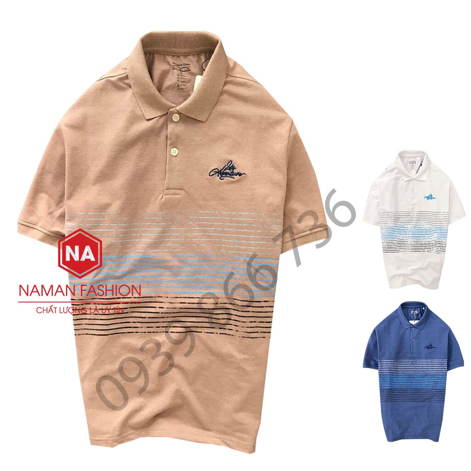 Áo thun polo nam trung niên có cổ, chất liệu CVC cá sấu, phối sọc ngang-ÁO POLO NAM TRUNG NIÊN
