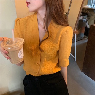 [Order] áo sơmi cổ V nút bọc ulzzang