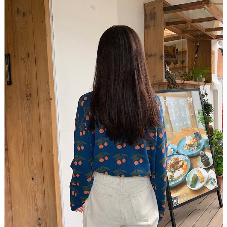 Áo khoác len dây rút in họa tiết cherry dễ thương phong cách retro Nhật Bản thời trang mùa thu tùy chọn màu sắc