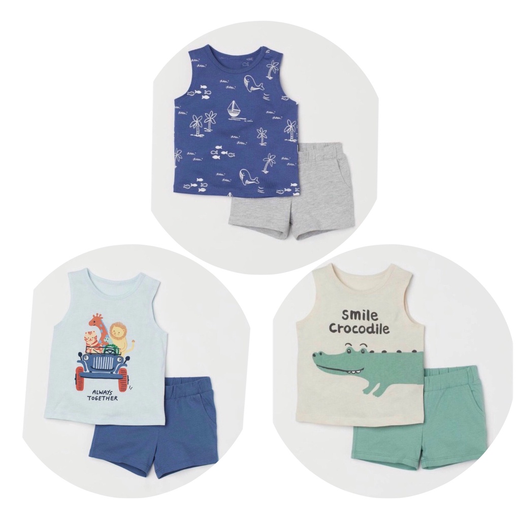 Đồ bộ cộc tay bé trai - Set 3 bộ ba lỗ Hm chất cotton cho bé trai size 1-6t