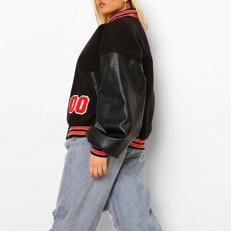 DUNEA Áo khoác bóng chày chất liệu da thêu chữ phong cách hip hop thời trang cho nữ