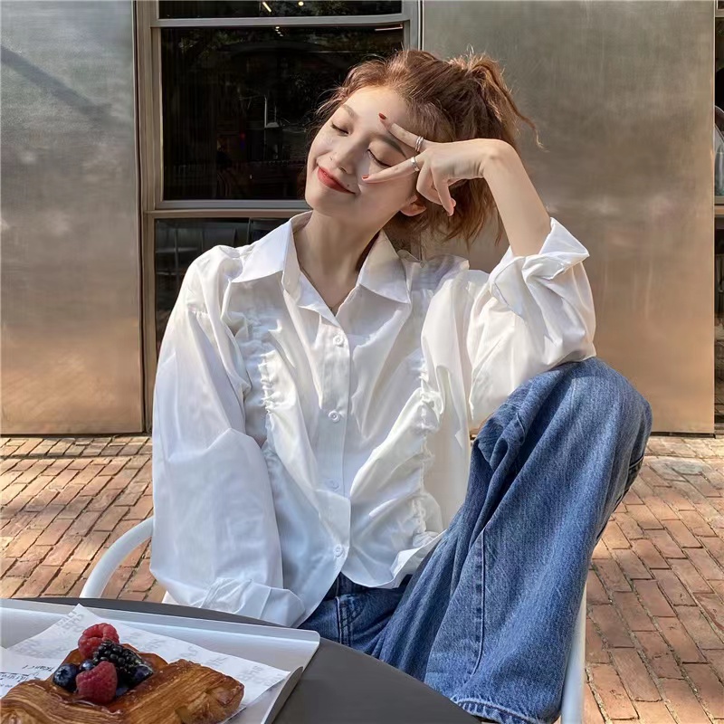 Áo sơ mi SUXI tay dài dáng rộng màu sắc đơn giản phối dây rút thời trang mùa xuân cho nữ