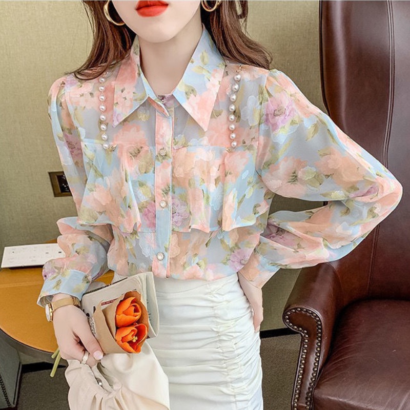 Áo Sơ Mi Voan Hoa Dài Tay Thời Trang Hàn Quốc Dành Cho Nữ