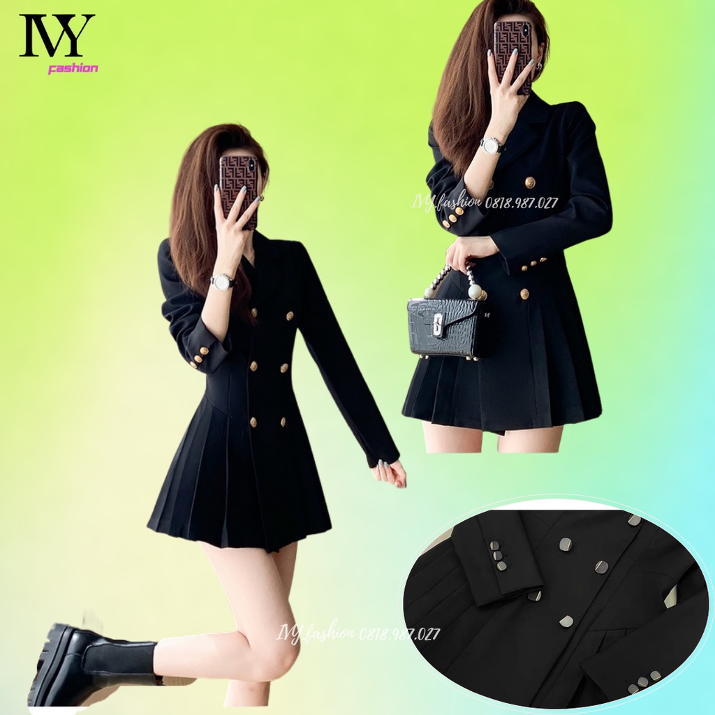Đầm váy vest 🔥cotton ép có độn vai🔥 tay dài cổ V chân váy xếp ly đen đi biển dự tiệc dạo phố bigsize gợi cảm sexy