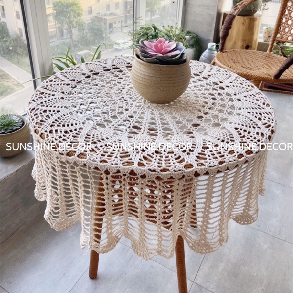 Khăn trải bàn phối ren hoa Vintage hình tròn decor trang trí tab đầu giường, bàn trà-CTT