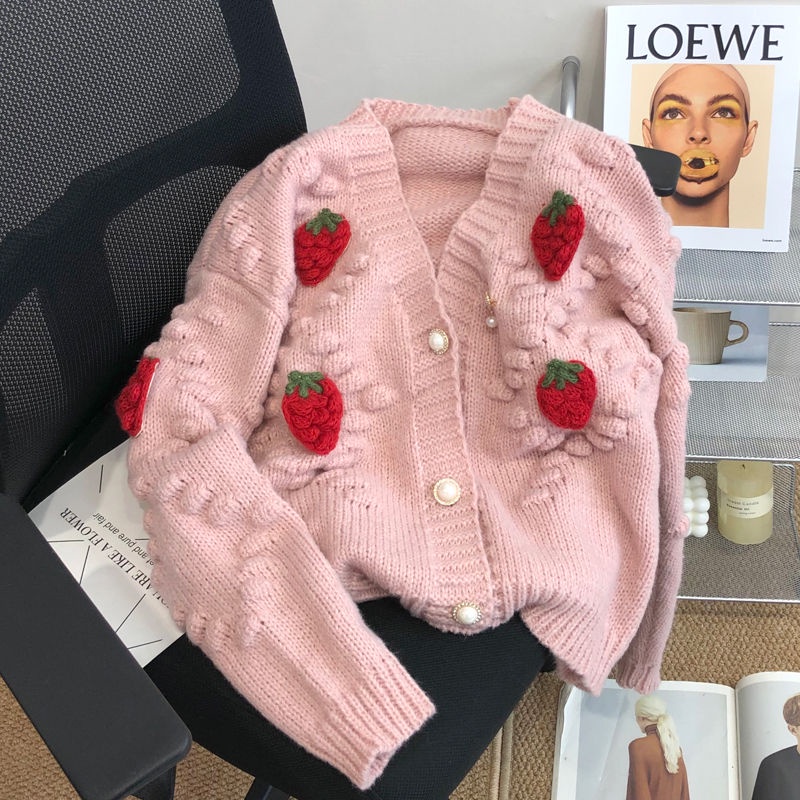 Áo Khoác Cardigan Dệt Kim Dày Dặn Họa Tiết Dâu Tây Thời Trang Thu Đông 2022 Mới Cho Nữ