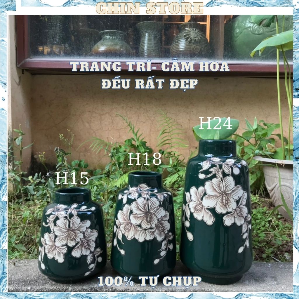 Bình hoa decor, lọ hoa gốm sứ BÁT TRÀNG set bộ 3 vai vuông men cao cấp họa tiết vẽ tay nhiều mẫu H24,H18,H15