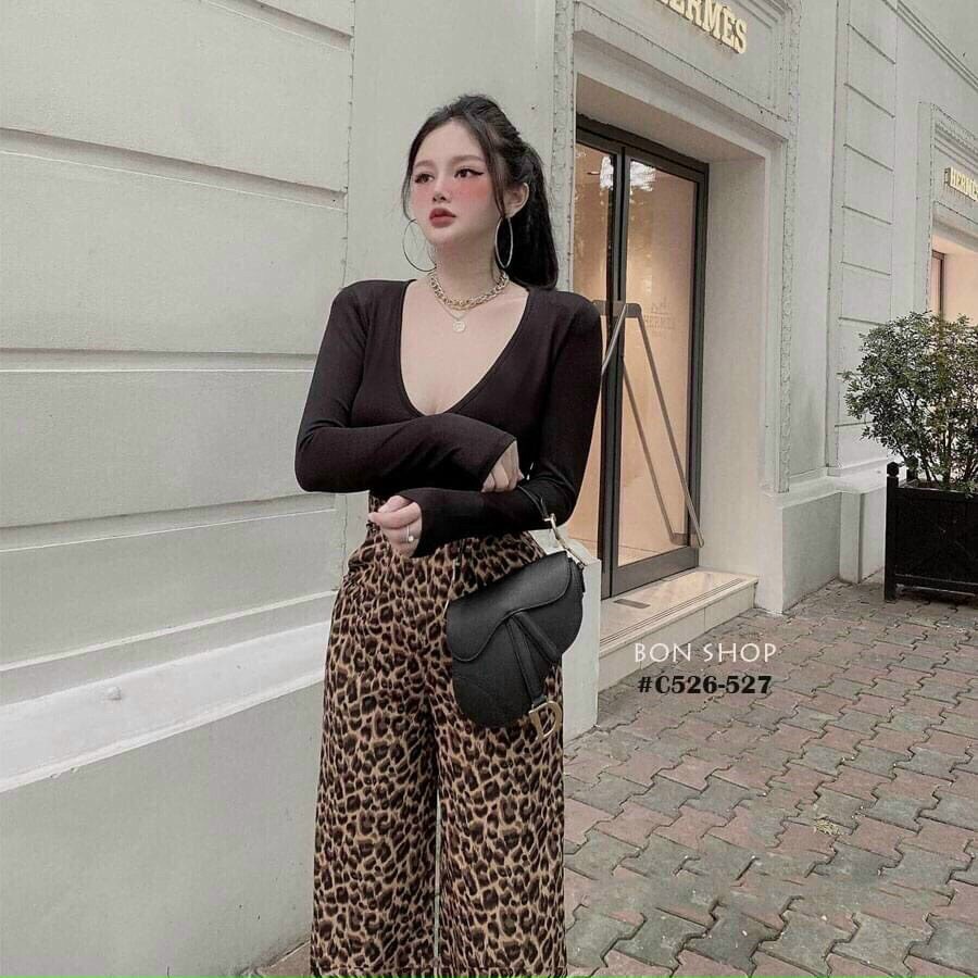 Bộ beo thun áo cổ tim tay dài kèm quần