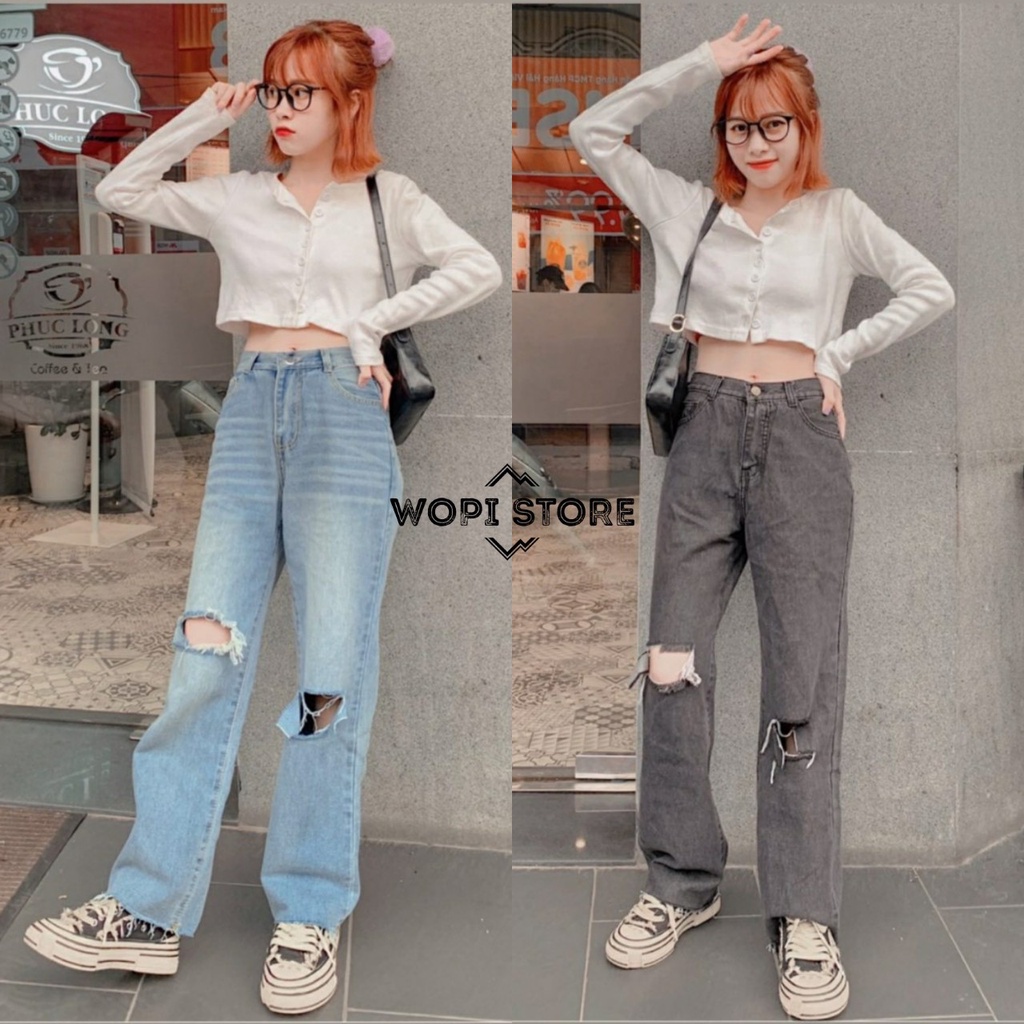 Quần Baggy Jean DELI Rách Gối Dáng Suông Lưng Cao Ulzzang (Ảnh Thật)