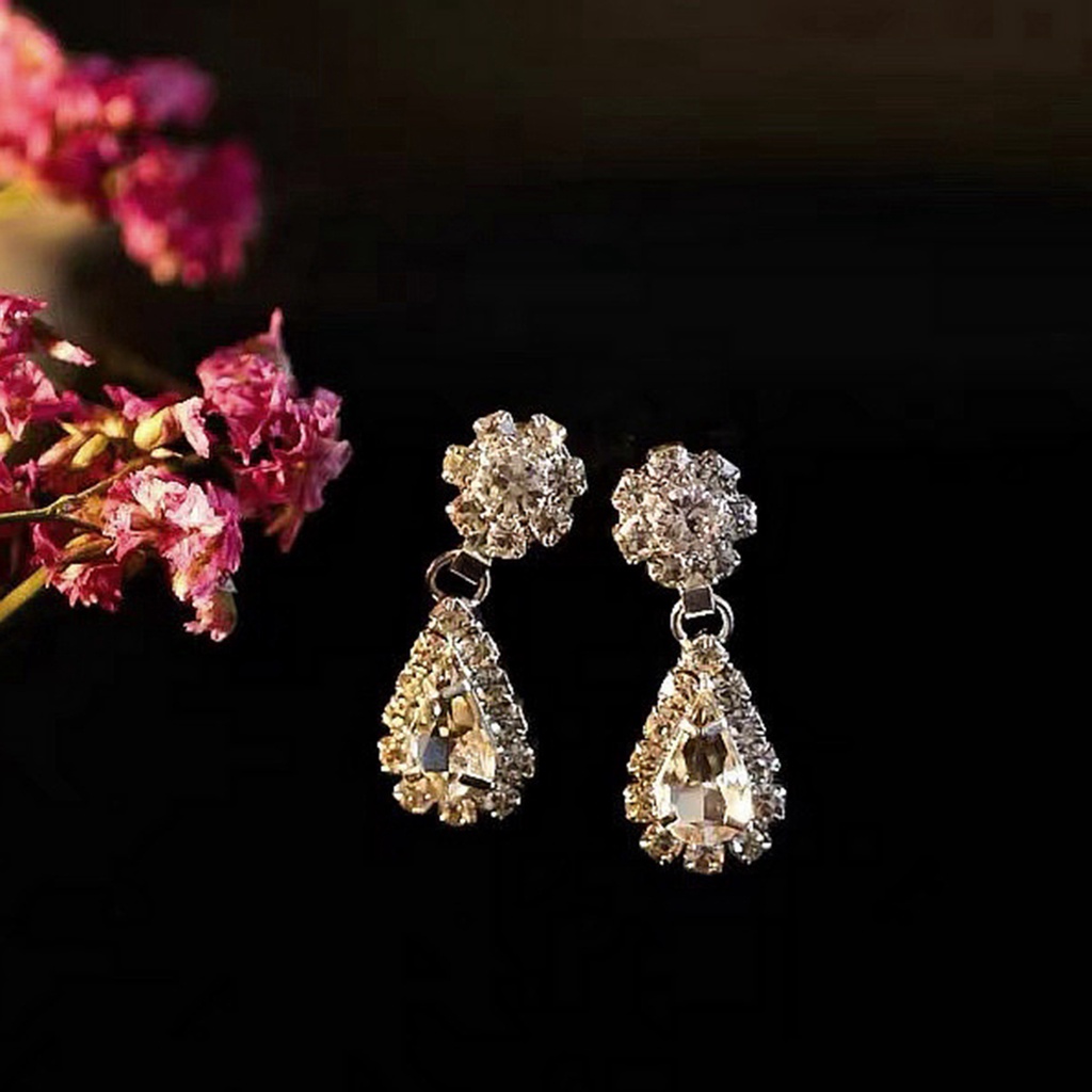1 Bộ Vòng cổ + Bông Tai Hình Giọt Nước Đính Đá Lấp Lánh Kiểu Hàn