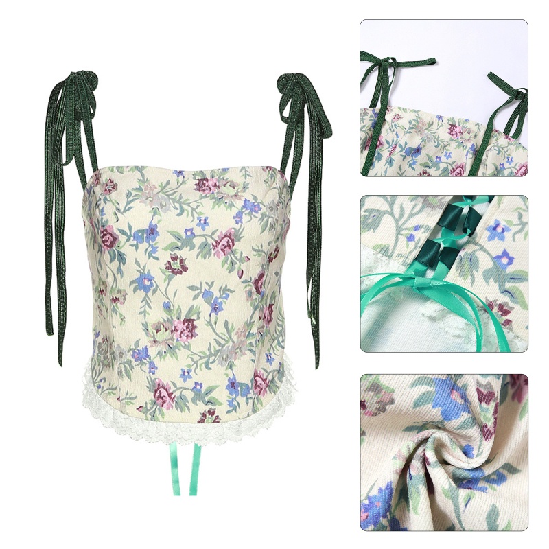 Áo Croptop Hai Dây Hở Lưng Họa Tiết Hoa Phong Cách Vintage Cho Nữ