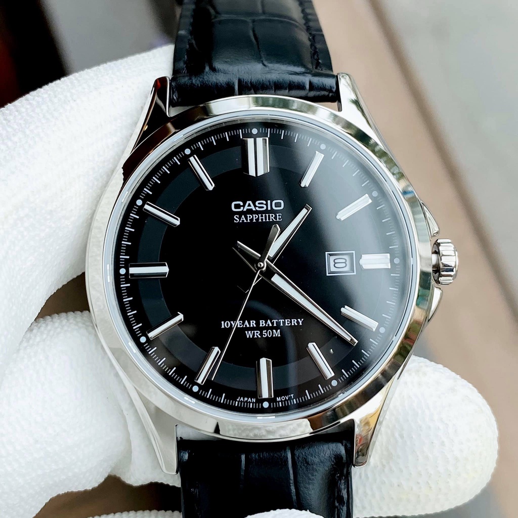Đồng hồ nam dây da mặt đen Casio MTS 100L-1AV kính Sapphire - Pin 10 năm Bảo hành 1 năm Hyma watch | BigBuy360 - bigbuy360.vn
