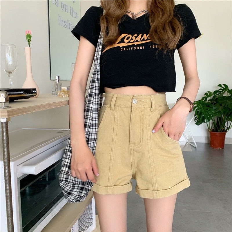 Quần short denim chữ A cạp cao thời trang mùa hè cho nữ