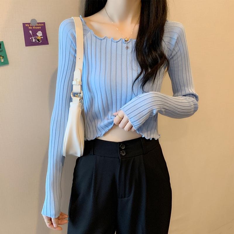 Áo Sweater Dệt Kim Tay Dài Dáng Ngắn Màu Sắc Xinh Xắn Cho Nữ