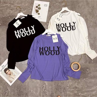 Áo thun nữ tay dài hở vai dáng thụng chữ HollyWood phong cách Korea AT02