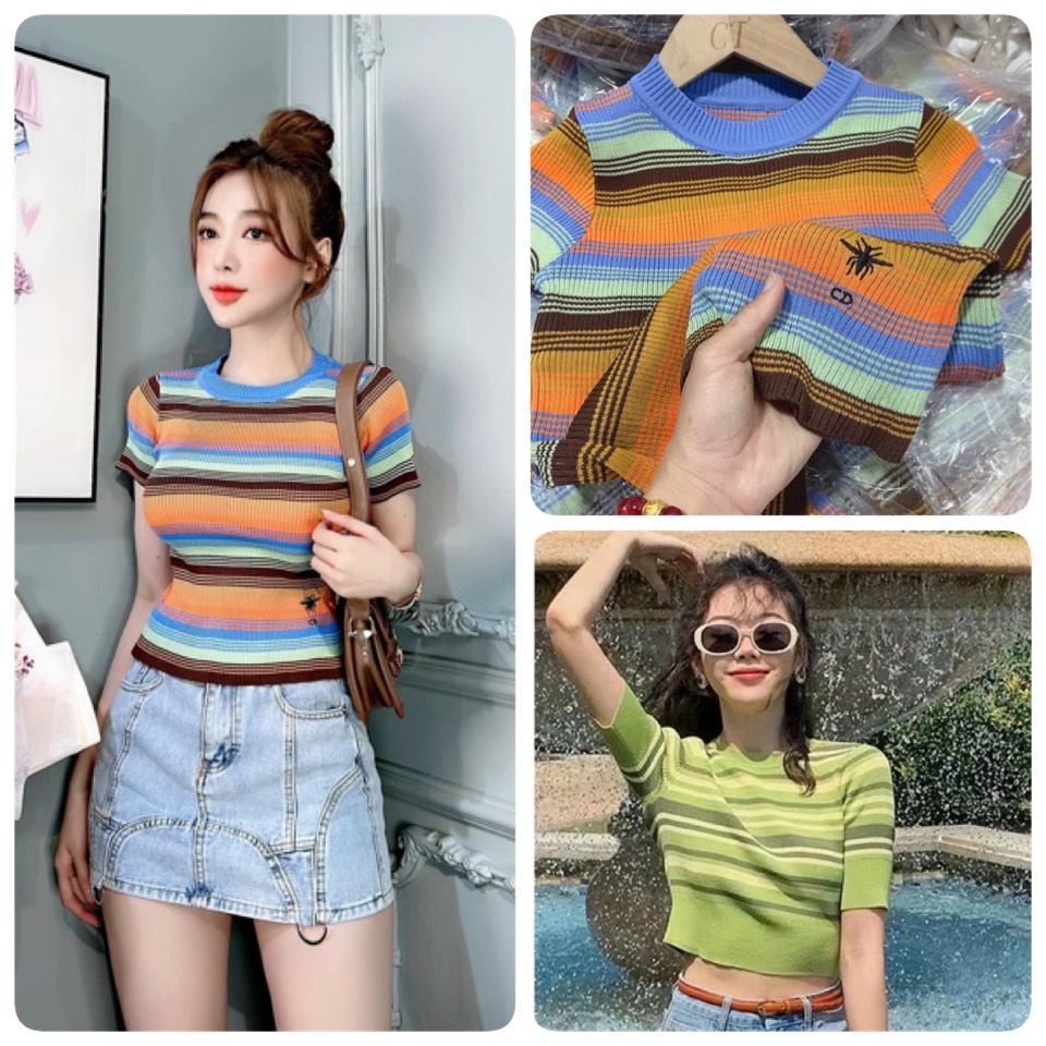 Áo Dệt Kim Nữ Kẻ Ngang Tay Ngắn Cố Tròn Vải Mềm Mại Ailee