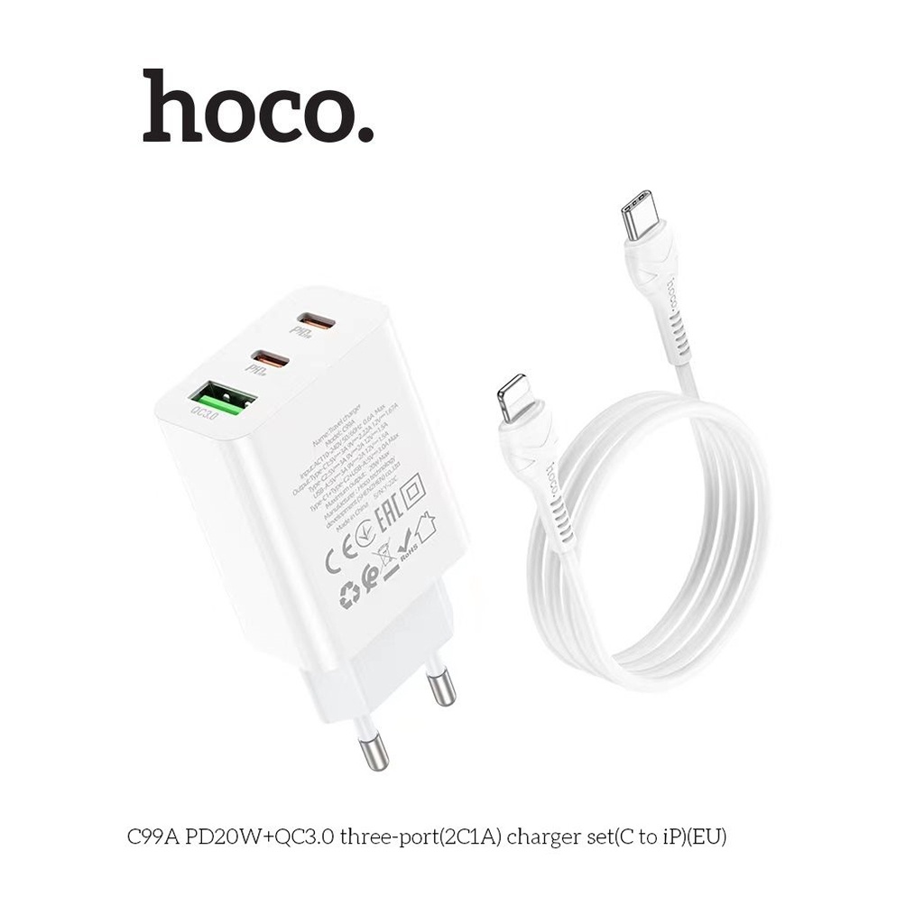 Bộ sạc nhanh Hoco C99A 3 cổng Type-C 20W + Type-C 18W + USB Q.C3.0 kèm cáp sạc Type-C dành cho IP10/11/12/13/14 dài1m
