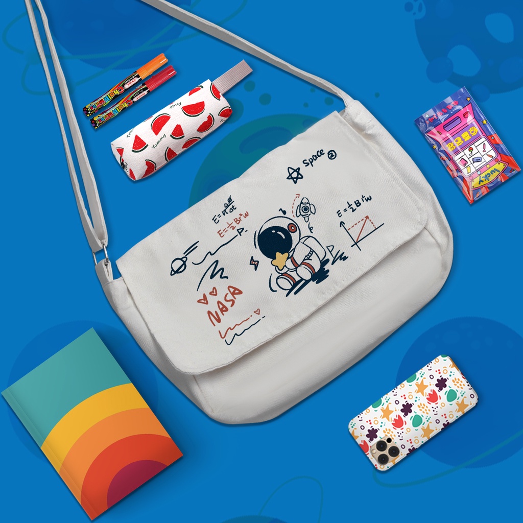 Túi Vải Đeo Chéo Vải Canvas Tote In Hình Phi Hành Gia Astronaut Phong Cách Ulzzang Hàn Quốc Giá Rẻ Đi Học, Đi Chơi