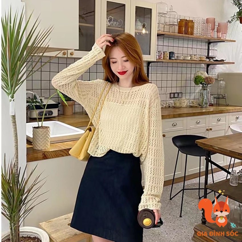 Áo Sweater dệt kim mỏng tay dài, dáng rộng phong cách Hàn Quốc