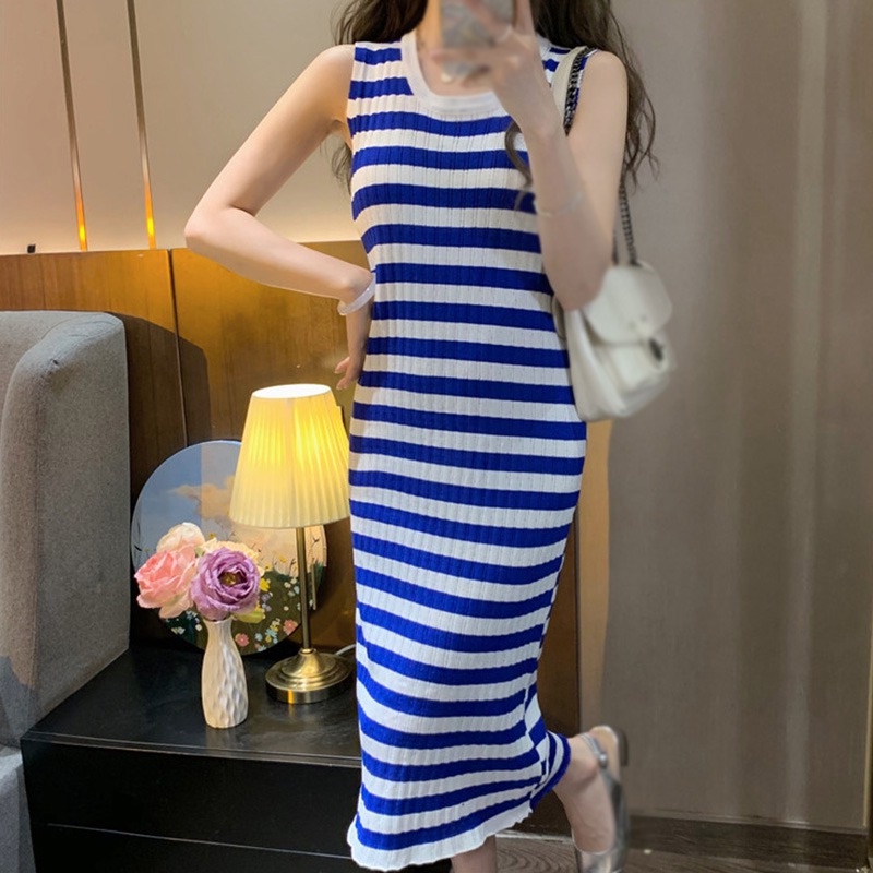 Đầm Dệt Kim Sát Nách Cổ Tròn Họa Tiết Kẻ Sọc Thời Trang Mùa Hè Cho Nữ