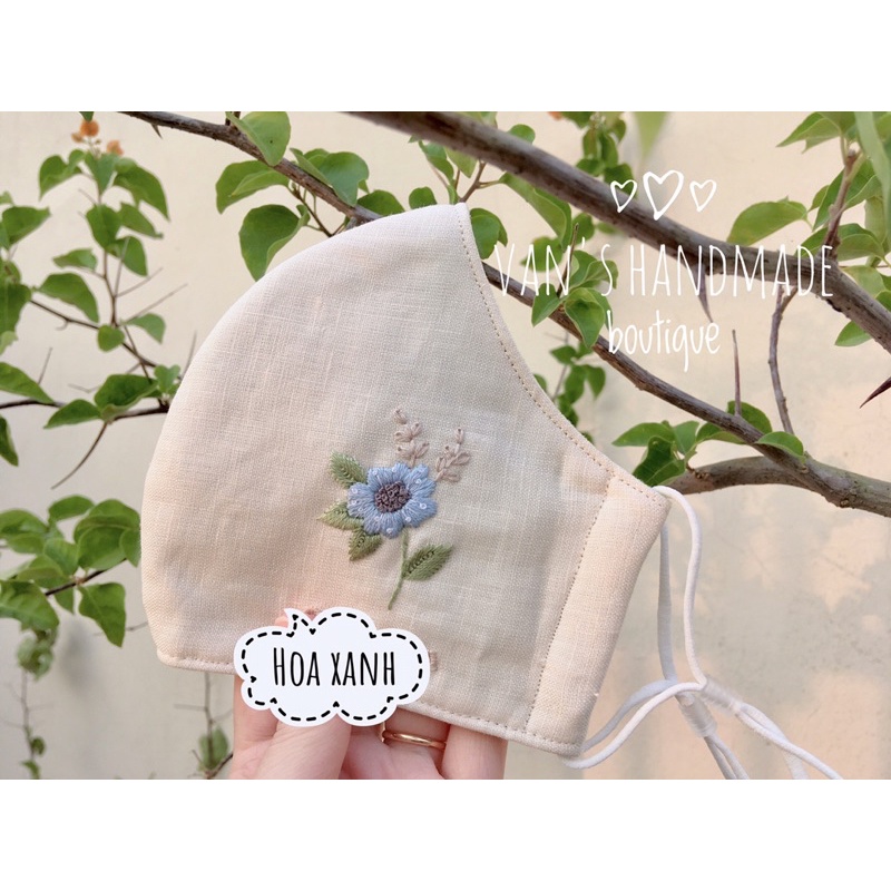 Khẩu trang vải linen thêu tay hoa lá, embroidery mask