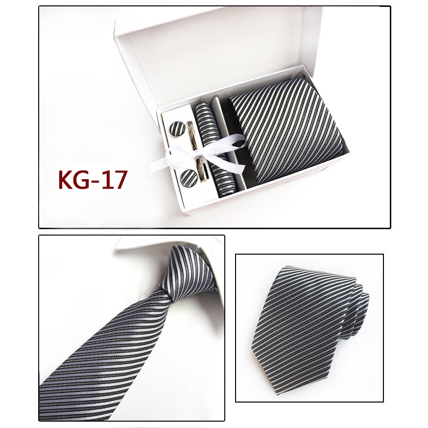Efan Bộ Khăn Tay Kẹp Cà Vạt Kẻ Sọc Màu Xám Bạc Cho Nam
