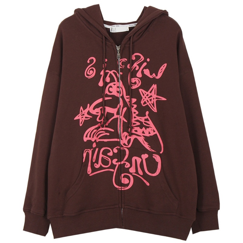 YOUYO Women Gothic Long Sleeve Hoodies Jacket Harajuku Graffiti Letters Graphic Printed Zip Up Sweatshirt Coat Casual Oversized Loose Hip Hop Cardigan Streetwear