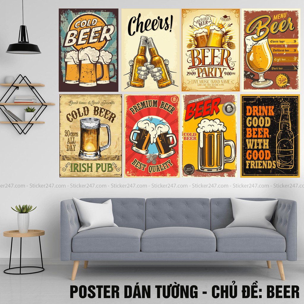 8 tấm Decal Chủ đề Beer 𝑭𝒓𝒆𝒆𝒔𝒉𝒊𝒑 Retro Vintage Size lớn trang trí decor quán cà phê, trà sữa, nhà ở, cửa hàng...