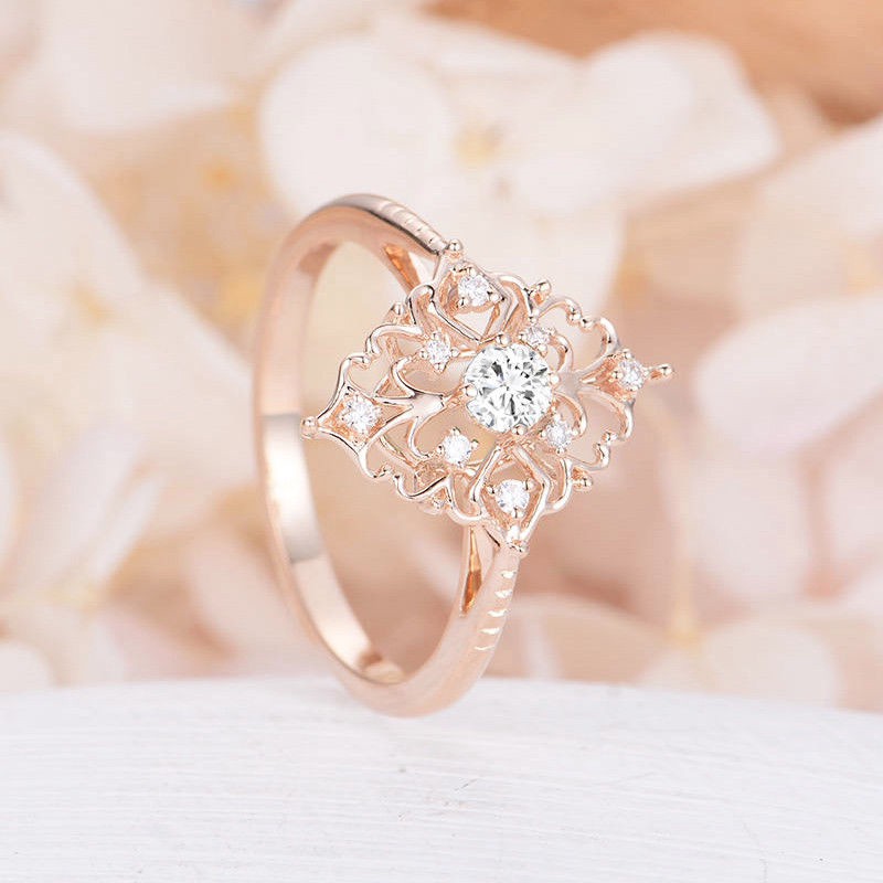 European And American-Style 18 K Gold-Plated Diamond-Set Flower Wedding Ring Women's 925 Silver-Plated Jewelry