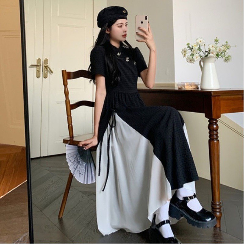Váy đầm sườn xám cách tân đen đuôi trắng cách điệu retro phong cách Ulzzang