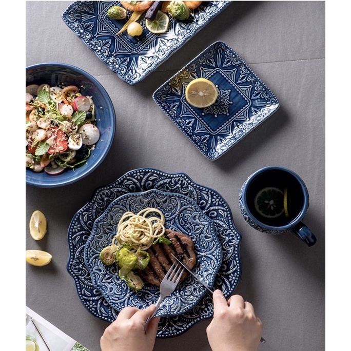 Set bát đĩa xanh dương kiểu dáng cổ điển