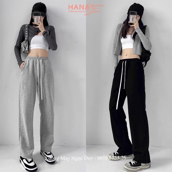 Quần nỉ nữ ống rộng suông dài cạp chun co giãn màu Đen Xám - Quần Jogger nữ thể thao vải nỉ da cá dày mặc ở nhà đi chơi
