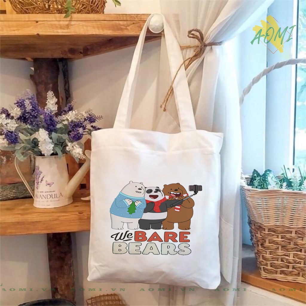 TOTE CANVAS Kawaii 3 chú gấu we are bear TÚI VẢI ĐEO VAI BAG CÓ KHÓA KÉO SIZE LỚN 33x38cm AOMIVN DU LỊCH DẠO PHỐ AOMI