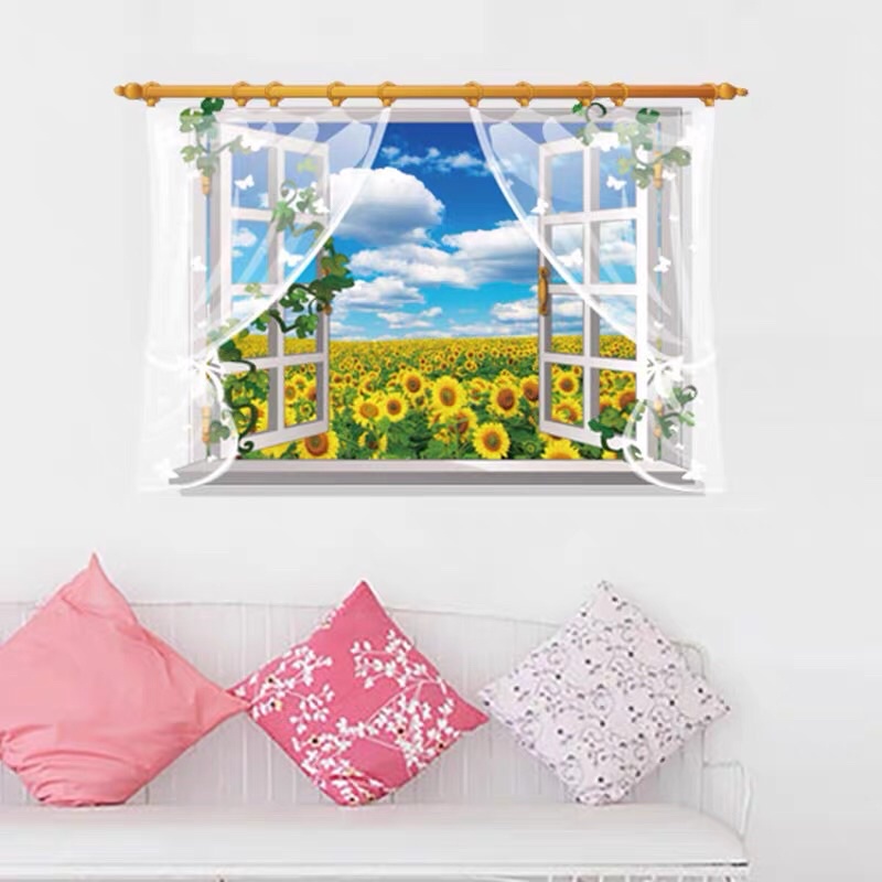 Tranh dán tường, Decal dán tường cửa sổ hoa hướng dương.