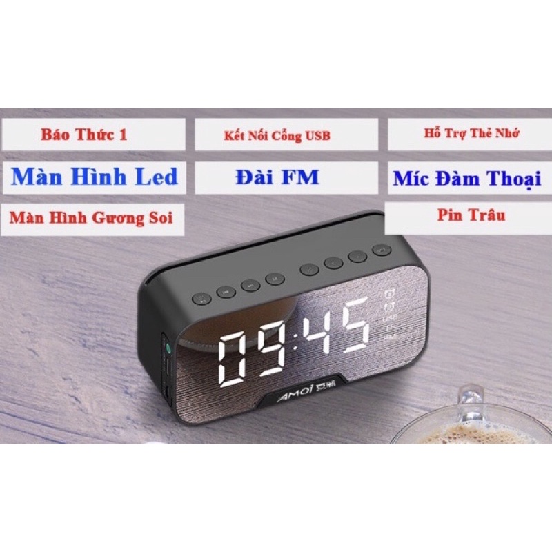 Loa Bluetooth Kiêm Đồng Hồ Màn Hình Led Tráng Gương Hot(Đồng hồ báo thức, Đài FM)