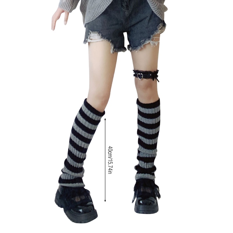 Tất Ống Chân Dệt Kim Giữ Ấm Họa Tiết Kẻ Sọc Màu Tương Phản Cho Nữ Xixi