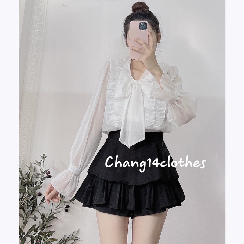 [Ảnh thật]- Áo sơ mi bèo cổ phối nơ tiểu thư chất voan tay bồng siêu vintage