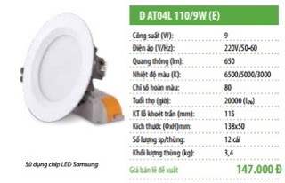 Đèn Led âm trần 9W Rạng Đông 110/9W