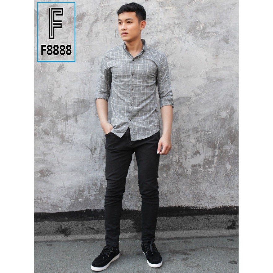 Áo sơ mi nam hàn quốc dài tay kẻ sọc đẹp cao cấp F8888 Màu xám Kẻ Đũi loại đẹp